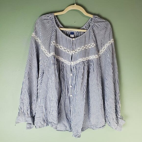 Old Navy Womens Blue Striped Crochet-Lace Trim Button-Front LS Blouse Size 2X - Picture 1 of 6